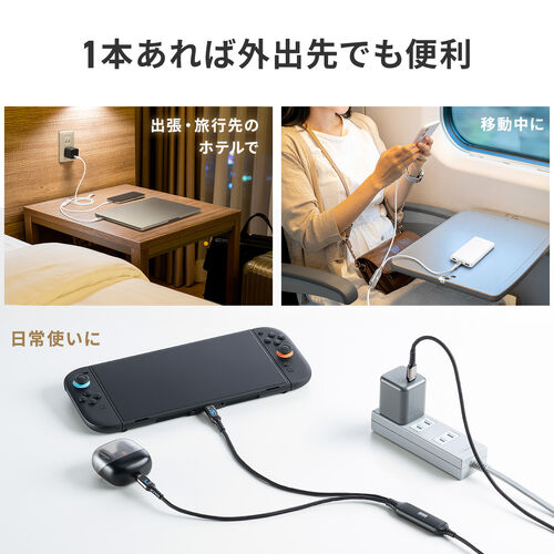 USB Type-C ケーブル（急速充電・PD100W・二股ケーブル・2-in-1・電力表示・ナイロンメッシュ・自動分配・2台同時充電・充電のみ・データブロック・1.2m・ホワイト）