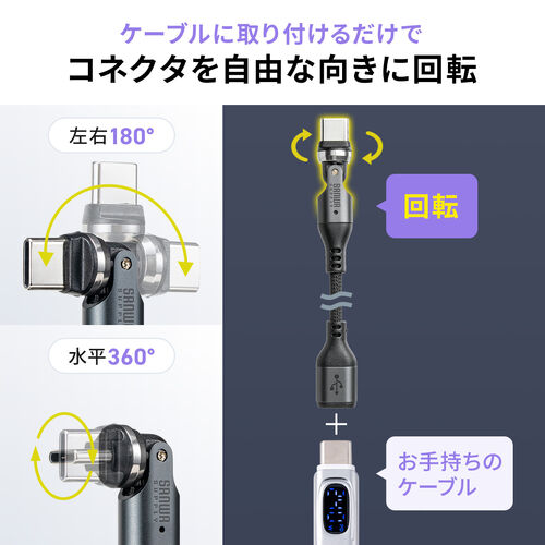USB-C 変換アダプタケーブル（540°回転・PD240W・上下左右・全方向対応・L字・L型・コネクタ・USB2.0・急速充電・Type-C・方向変換・ガンメタリック）