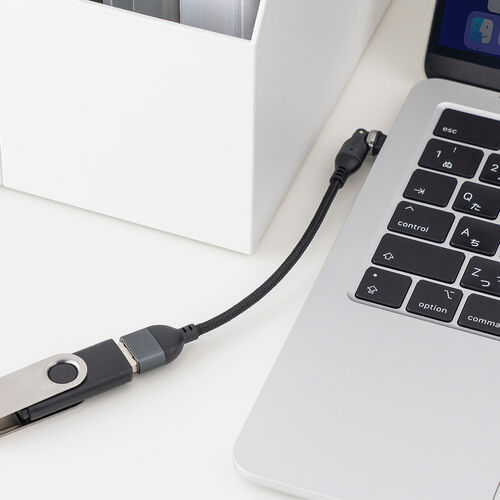 USB A to C 変換アダプタケーブル（540°回転・上下左右・全方向対応・L字/L型コネクタ・USB2.0 Type-Cオス-USB Aメス・方向変換・ガンメタリック）