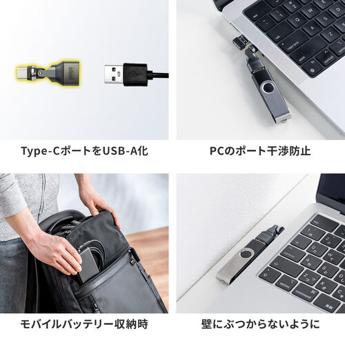 USB A to C 変換アダプタ(540°回転・上下左右・全方向対応・ L字・L型コネクタ・USB2.0・Type-Cオス-USB Aメス・方向変換・ブラック）