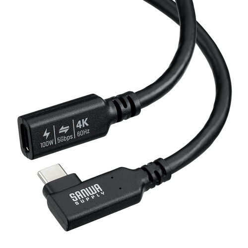 USB Type-C 延長ケーブル （L字コネクタ・PD100W・映像出力・4K60Hz・Altモード・USB5Gbps・高速通信・3重シールド構造・1m）