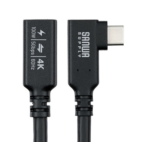 USB Type-C 延長ケーブル （L字コネクタ・PD100W・映像出力・4K60Hz・Altモード・USB5Gbps・高速通信・3重シールド構造・1m）