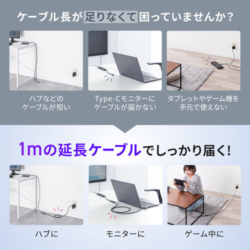 USB Type-C 延長ケーブル （L字コネクタ・PD100W・映像出力・4K60Hz・Altモード・USB5Gbps・高速通信・3重シールド構造・1m）