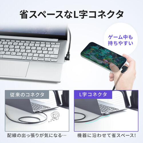 USB Type-C 延長ケーブル （L字コネクタ・PD100W・映像出力・4K60Hz・Altモード・USB5Gbps・高速通信・3重シールド構造・1m）