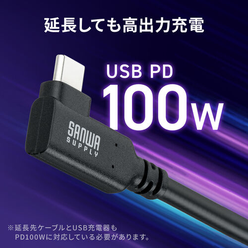 USB Type-C 延長ケーブル （L字コネクタ・PD100W・映像出力・4K60Hz・Altモード・USB5Gbps・高速通信・3重シールド構造・1m）