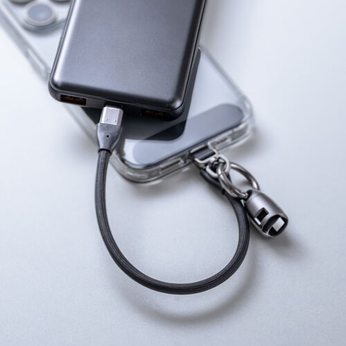 USBケーブル（USB Type-C・ストラップ・急速充電・PD240W対応・ハンドストラップ・22cm・データ通信・丸形メッシュ・ブラック）