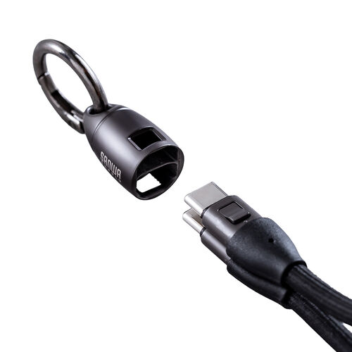 USBケーブル（USB Type-C・ストラップ・急速充電・PD240W対応・ハンドストラップ・22cm・データ通信・丸形メッシュ・ブラック）