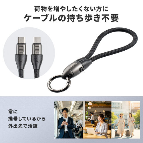 USBケーブル（USB Type-C・ストラップ・急速充電・PD240W対応・ハンドストラップ・22cm・データ通信・丸形メッシュ・ブラック）