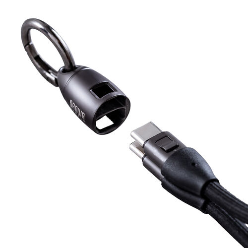 USBケーブル （USB Type-C・ストラップ・急速充電・PD240W対応・リストストラップ・32cm・手首に通せる・ハンドストラップ・データ通信・丸形メッシュ・ブラック）
