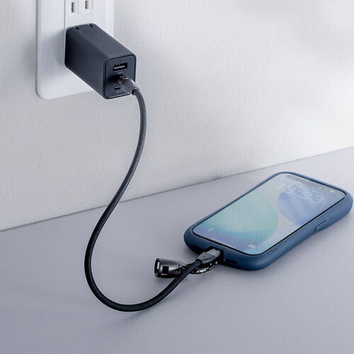 USBケーブル （USB Type-C・ストラップ・急速充電・PD240W対応・リストストラップ・32cm・手首に通せる・ハンドストラップ・データ通信・丸形メッシュ・ブラック）