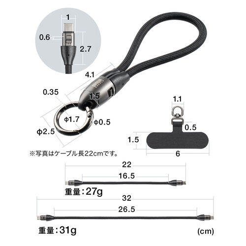 USBケーブル （USB Type-C・ストラップ・急速充電・PD240W対応・リストストラップ・32cm・手首に通せる・ハンドストラップ・データ通信・丸形メッシュ・ブラック）