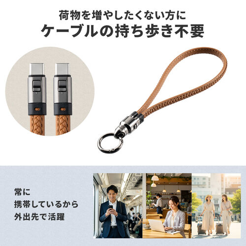 USBケーブル（USB Type-C・ストラップ・急速充電・PD240W対応・リストストラップ・PUレザー・手首に通せる・ハンドストラップ・約32cm・スマホ・PC充電・ブラック）