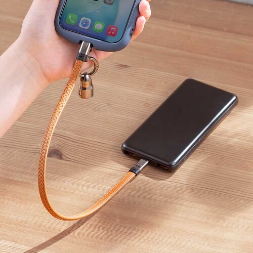 USBケーブル(USB Type-C・ストラップ・急速充電・PD240W対応・リストストラップ・PUレザー・手首に通せる・ハンドストラップ・約32cm・スマホ PC充電・ブラウン)