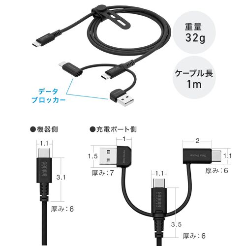 USBケーブル（USB-C・USB-A・データブロッカー・データ通信遮断・データ抜き取り対策・PD60W・USB2.0・シリコンケーブル・1m・ブラック）