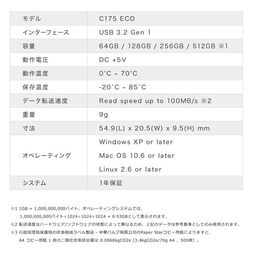 USBメモリ（128GB・エコ・再生プラスチック・USB 3.2・Gen1・キャップ式・RoHS・環境保護認証・SDGs・C175・ECO・Team製）