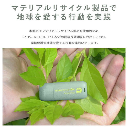USBメモリ（64GB・エコ・再生プラスチック・USB 3.2・Gen1・キャップ式・RoHS・環境保護認証・SDGs・C175・ECO・Team製）