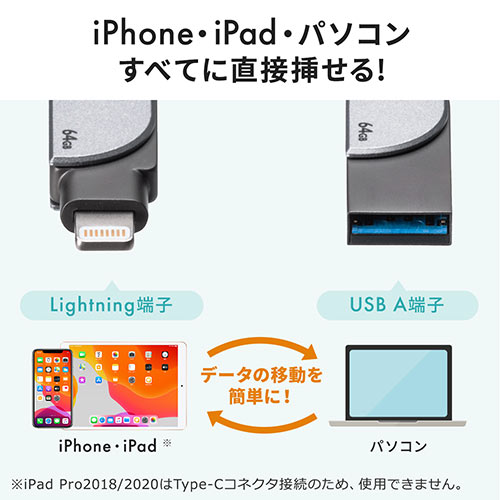 iPhone・iPad USBメモリ 256GB（USB3.2  Gen1(USB3.1/3.0)・Lightning対応・MFi認証・スイング式）