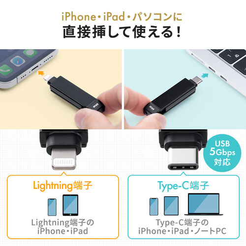 USBメモリ（ライトニング ＆ Type-C・256GB・MFi認証・iPhone/iPad/Android 対応・パソコン・写真・動画・バックアップ・スイング式・iXflash）