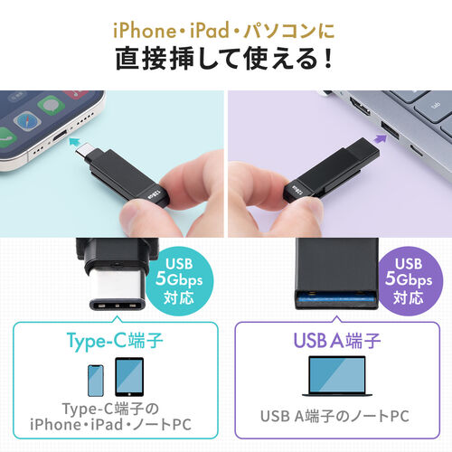 USBメモリ（Type-C ＆ USB-A・512GB・MFi認証・iPhone/iPad/Android 対応・パソコン・写真・動画・バックアップ・スイング式・iXflash）