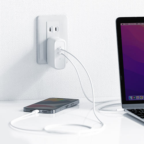 USB-C PD充電器（60W Type-C2ポート 窒化ガリウム採用  PSE適合品 折りたたみ式プラグ搭載 ホワイト）