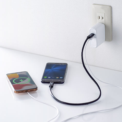 USB-C PD充電器（60W Type-C2ポート 窒化ガリウム採用  PSE適合品 折りたたみ式プラグ搭載 ホワイト）