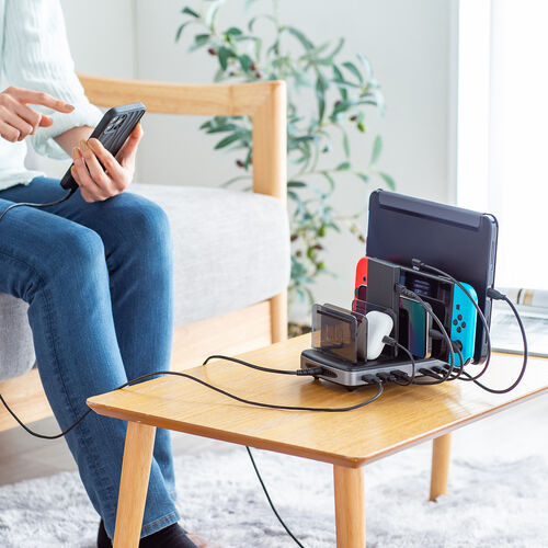 USB充電ステーション（6ポート・合計96W出力・USB PD20W・Type-C×3・USB A×3・PSE認証・6台同時充電・スマホ・タブレット・仕切り板・調整可能・収納スタンド）