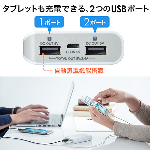 モバイルバッテリー（大容量10050mAh・コンパクト・iPhone/iPad充電対応・自動認識ポート搭載・ホワイト・PSE適合品）