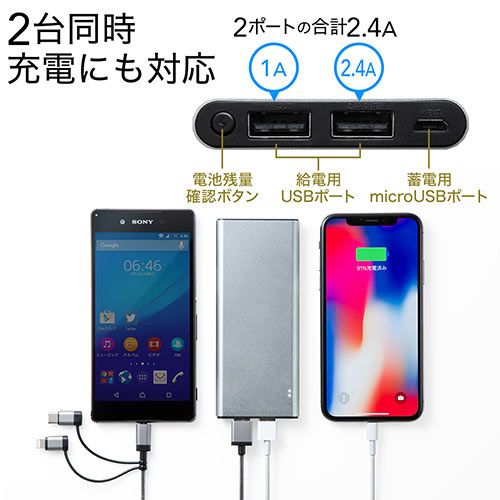 モバイルバッテリー（iPhone・Android対応・薄型・5000mAh・Lightning/microUSB/Type C対応・PSE適合品）