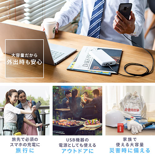 モバイルバッテリー （大容量・20000mAh・Type-C・タイプC対応・ケーブル付属・ホワイト）
