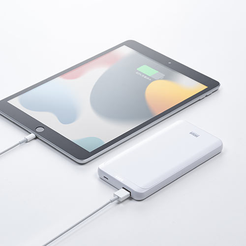モバイルバッテリー（Lightning入力・ライトニングケーブルで充電対応・10000mAh・ 薄型・ホワイト・飛行機・持ち込み・機内）