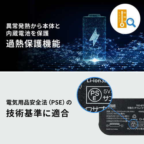 DC12V機器用モバイルバッテリー（リン酸鉄リチウムイオン電池・PSE適合品・12000mAh・38.4Wh・低電力機器対応・飛行機内持ち込み可）