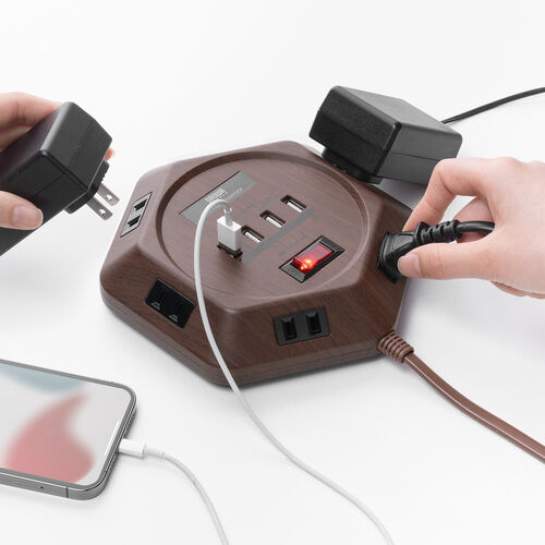 電源タップ（3m・6個口・六角型・会議向け・USB 4ポート・一括集中スイッチ・シャッター付き・ACアダプタ接続対応・ダークブラウン木目）