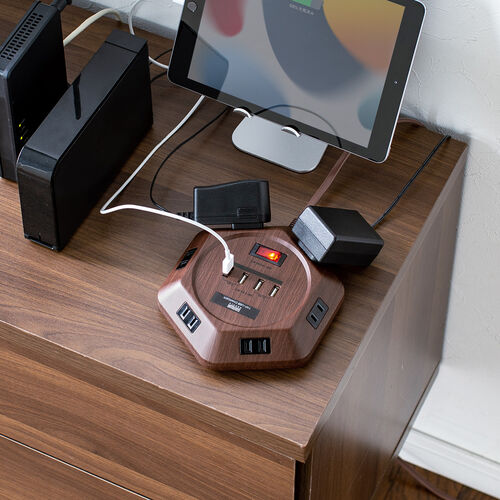 電源タップ（3m・6個口・六角型・会議向け・USB 4ポート・一括集中スイッチ・シャッター付き・ACアダプタ接続対応・ダークブラウン木目）
