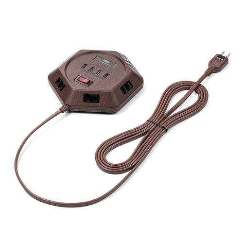 電源タップ（3m・6個口・六角型・会議向け・USB 4ポート・一括集中スイッチ・シャッター付き・ACアダプタ接続対応・ダークブラウン木目）