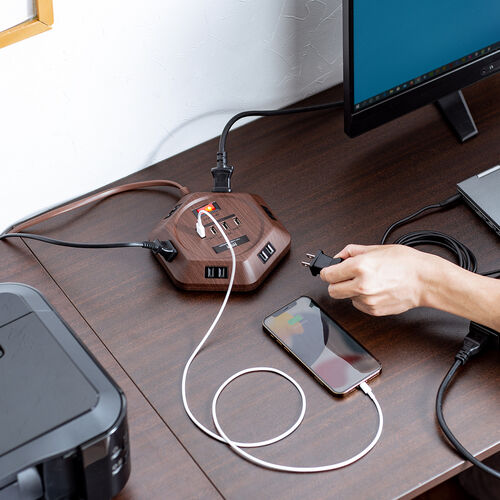 電源タップ（3m・6個口・六角型・会議向け・USB 4ポート・一括集中スイッチ・シャッター付き・ACアダプタ接続対応・ダークブラウン木目）