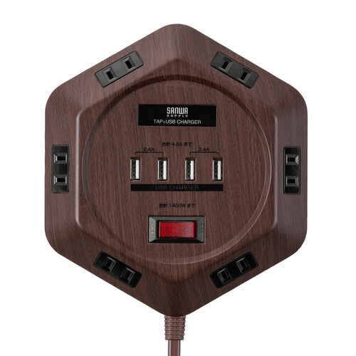 電源タップ（3m・6個口・六角型・会議向け・USB 4ポート・一括集中スイッチ・シャッター付き・ACアダプタ接続対応・ダークブラウン木目）