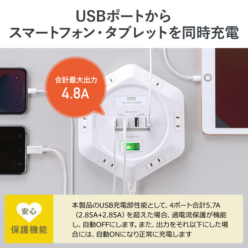 電源タップ（3m・6個口・六角型・会議向け・USB 4ポート・一括集中スイッチ・シャッター付き・ACアダプタ接続対応・ダークブラウン木目）