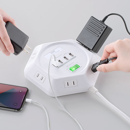 電源タップ（3m・6個口・六角型・会議向け・USB 4ポート・一括集中スイッチ・シャッター付き・ACアダプタ接続対応・ホワイト）