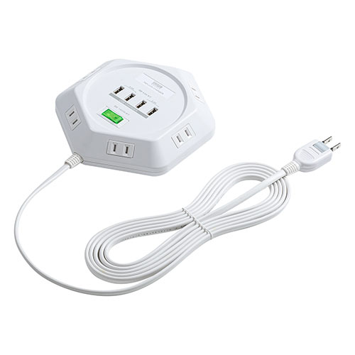 電源タップ（3m・6個口・六角型・会議向け・USB 4ポート・一括集中スイッチ・シャッター付き・ACアダプタ接続対応・ホワイト）