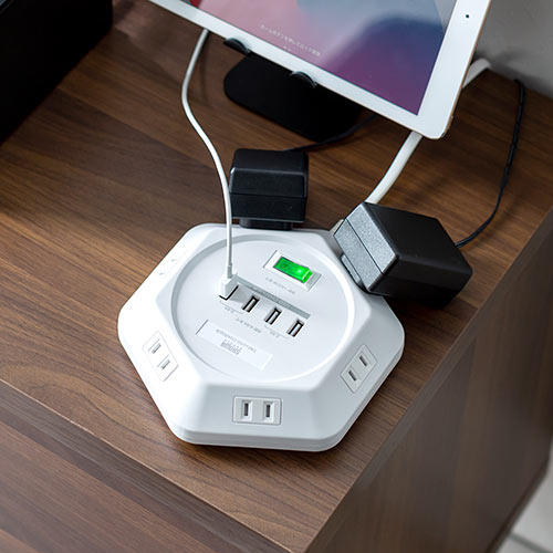 電源タップ（3m・6個口・六角型・会議向け・USB 4ポート・一括集中スイッチ・シャッター付き・ACアダプタ接続対応・ホワイト）