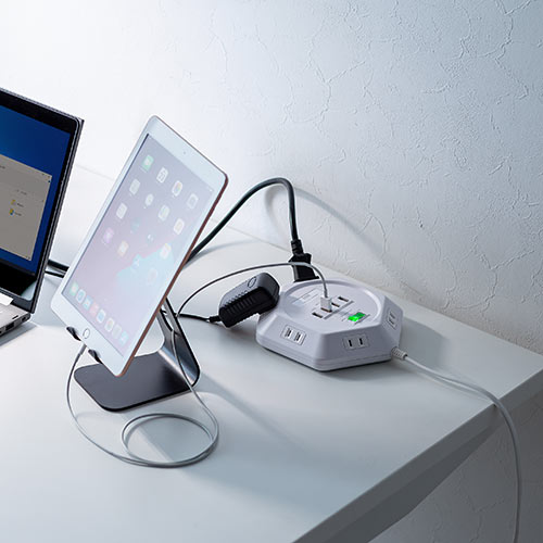 電源タップ（3m・6個口・六角型・会議向け・USB 4ポート・一括集中スイッチ・シャッター付き・ACアダプタ接続対応・ホワイト）