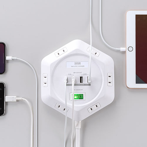 電源タップ（3m・6個口・六角型・会議向け・USB 4ポート・一括集中スイッチ・シャッター付き・ACアダプタ接続対応・ホワイト）
