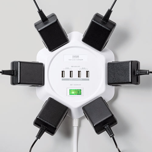 電源タップ（3m・6個口・六角型・会議向け・USB 4ポート・一括集中スイッチ・シャッター付き・ACアダプタ接続対応・ホワイト）