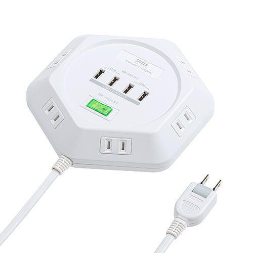 電源タップ（3m・6個口・六角型・会議向け・USB 4ポート・一括集中スイッチ・シャッター付き・ACアダプタ接続対応・ホワイト）