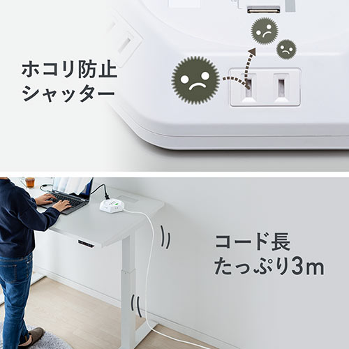 電源タップ（3m・6個口・六角型・会議向け・USB 4ポート・一括集中スイッチ・シャッター付き・ACアダプタ接続対応・ホワイト）