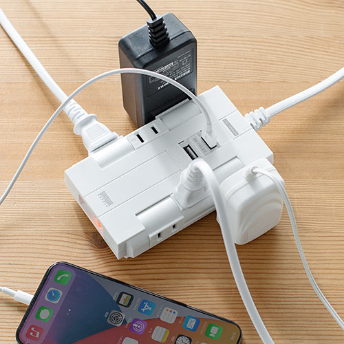 電源タップ（2m・回転式差込口・6個口・USB2ポート付・集中