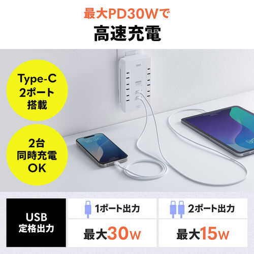 【アウトレット】電源タップ（回転式差込口・壁付け・6個口・2P・PD30W対応・Type-C・USB2ポート付・iPhone/iPad/スマホ/タブレット充電・集中スイッチ付・コンセントタップ）