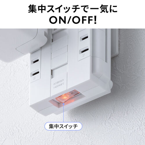 【アウトレット】電源タップ（回転式差込口・壁付け・6個口・2P・PD30W対応・Type-C・USB2ポート付・iPhone/iPad/スマホ/タブレット充電・集中スイッチ付・コンセントタップ）