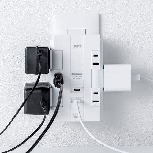 電源タップ（回転式差込口・壁付け・6個口・2P・PD30W対応・Type-C・USB2ポート付・iPhone/iPad/スマホ/タブレット充電・集中スイッチ付・コンセントタップ・ホワイト）