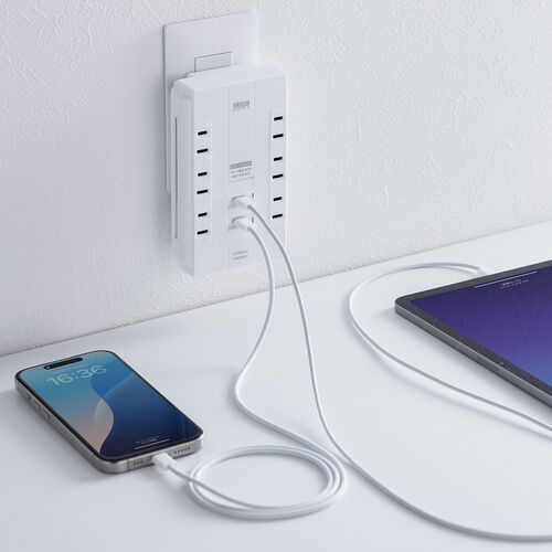 電源タップ（回転式差込口・壁付け・6個口・2P・PD30W対応・Type-C・USB2ポート付・iPhone/iPad/スマホ/タブレット充電・集中スイッチ付・コンセントタップ・ホワイト）